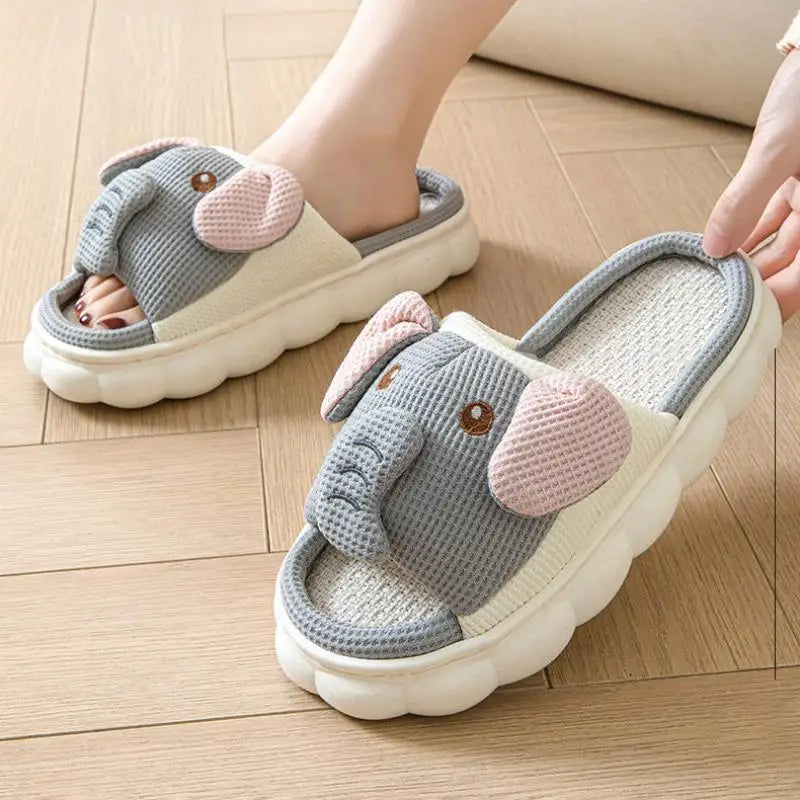 Hemp Slippers Women Home Elephant Cartoon Designer Shoes Girls Flats Spring Summer Casual Slides Indoor Soft Sole Non-Slip Floor