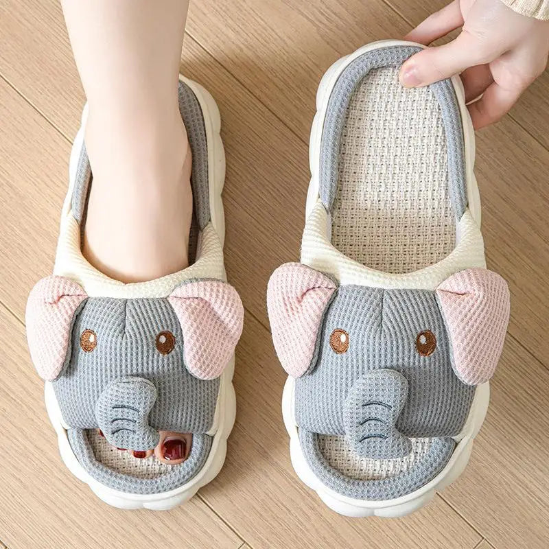 Hemp Slippers Women Home Elephant Cartoon Designer Shoes Girls Flats Spring Summer Casual Slides Indoor Soft Sole Non-Slip Floor
