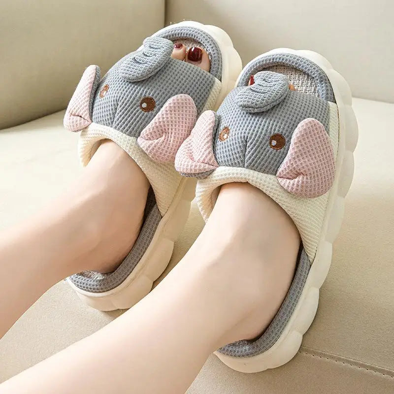 Hemp Slippers Women Home Elephant Cartoon Designer Shoes Girls Flats Spring Summer Casual Slides Indoor Soft Sole Non-Slip Floor